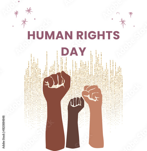 vector design for Human Rights Day, featuring a raised fist, a protest sign, and a megaphone with floral accents.
