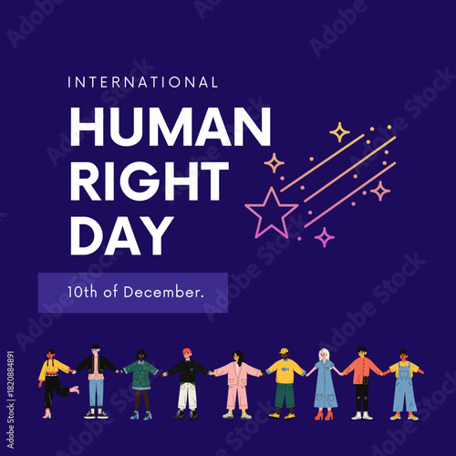 vector design for Human Rights Day, featuring a raised fist, a protest sign, and a megaphone with floral accents.