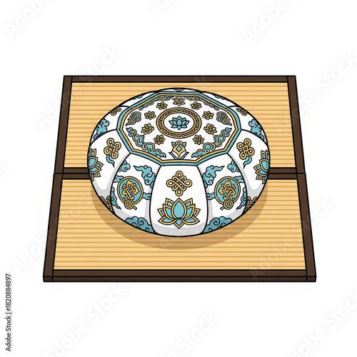 Decorative Asian tea set on wooden tray with intricate patterns  