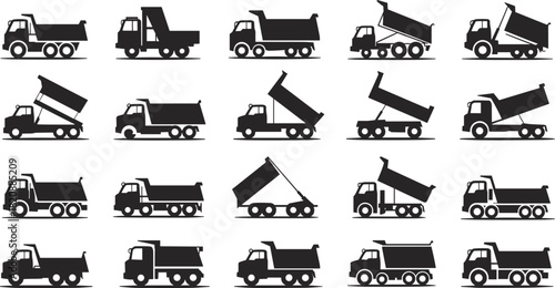 Dump truck icon set, construction vehicle silhouettes, heavy machinery graphics for industrial design, transportation equipment illustration, building and mining operations resources