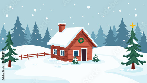 Snow covered cabin christmas under soft falling snow
