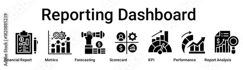 Reporting Dashboard  banner web icon vector illustration concept for business with icon of Financial Report, Metrics, Forecasting, Scorecard, Key Performance Indicator, Business Performance, Report.