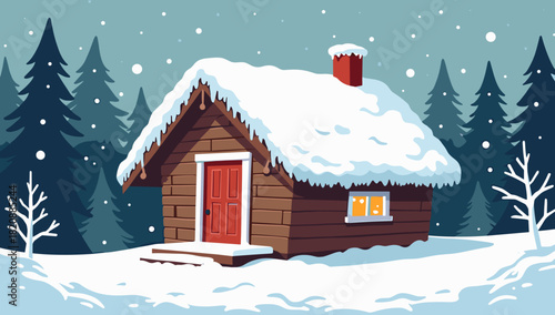 Snow covered cabin christmas surrounded by frosted trees