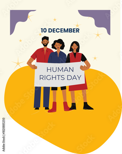 vector design for Human Rights Day, featuring a raised fist, a protest sign, and a megaphone with floral accents.