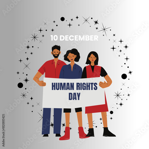 vector design for Human Rights Day, featuring a raised fist, a protest sign, and a megaphone with floral accents.