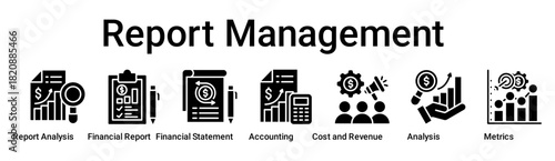 Report Management banner web icon vector illustration concept for business with icon of Report Analysis, Financial Report, Financial Statement, Accounting, Cost and Revenue, Analysis.