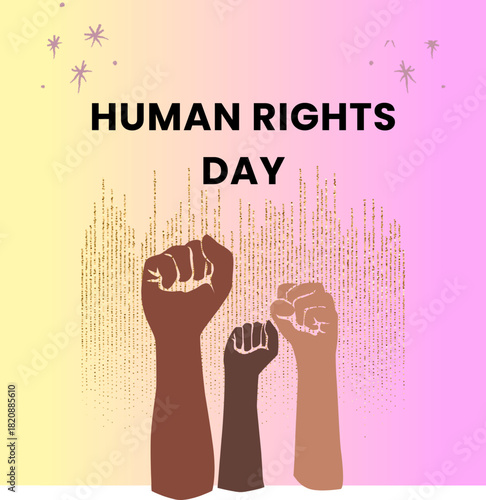 vector design for Human Rights Day, featuring a raised fist, a protest sign, and a megaphone with floral accents.