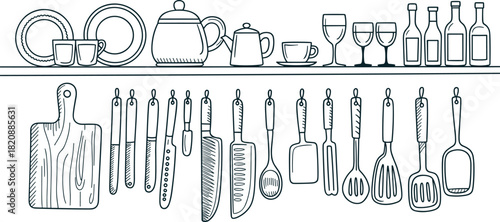 “Hand drawn kitchen tools and utensils illustration set featuring knives cutting board dishes cups glasses bottles and cookware, detailed cooking vector collection”