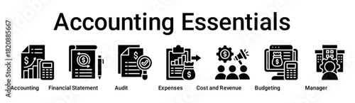 Accounting Essentials banner web icon vector illustration concept for business with icon of Accounting, Financial Statement, Audit, Expenses, Cost and Revenue, Budgeting.