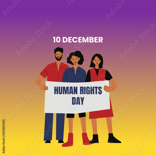 vector design for Human Rights Day, featuring a raised fist, a protest sign, and a megaphone with floral accents.