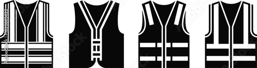 High visibility safety vest icons set, reflective workwear symbols for construction, industrial protection, worker uniform equipment, safety clothing illustration design