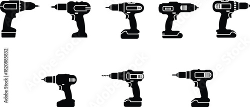 Cordless drill tool silhouette set showcasing power drill variations for construction, DIY work, hardware equipment, woodworking and professional repair tasks