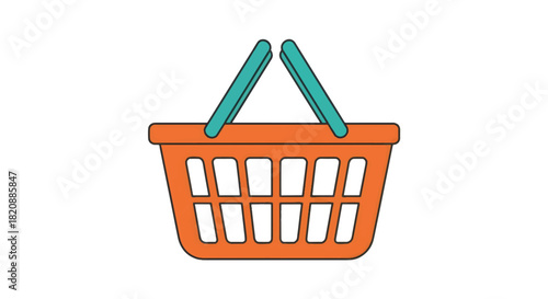 Simple graphic illustration of an orange shopping basket with teal handles on a white background, symbolizing retail, e-commerce, and consumerism.