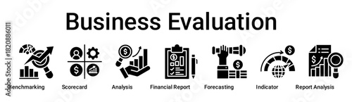Business Evaluation banner web icon vector illustration concept for business with icon of Benchmarking, Scorecard, Analysis, Financial Report, Forecasting, Indicator, Report.