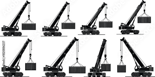 Industrial mobile cranes lifting cargo containers, heavy machinery operations, construction equipment silhouettes for logistics, engineering projects, warehouse loading scenes