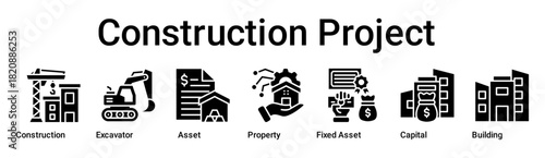 Construction Project banner web icon vector illustration concept for business with icon of Construction, Excavator, Asset, Property, Fixed Asset, Capital.