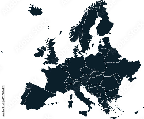 Detailed Europe map vector illustration, political country borders silhouette, editable continental geography design for education, travel, infographics and global projects