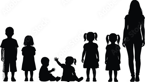 Silhouette of children and adult woman standing and sitting together, family group illustration showing kids of different ages in various poses