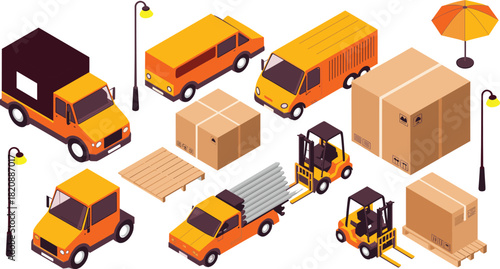 Isometric delivery trucks with forklifts loading cargo boxes on pallets, warehouse logistics transportation vehicles illustration for shipping, distribution industry