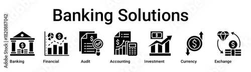 Banking Solutions banner web icon vector illustration concept for business with icon of Banking, Financial, Audit, Accounting, Investment, Currency.