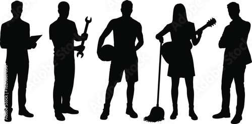 Silhouette group of diverse professions including engineer, mechanic, athlete, musician, and cleaner representing various careers, occupations, skills, teamwork, and workforce roles.