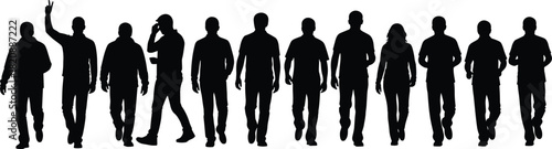 Silhouette group of people walking forward, diverse human figures in motion, casual crowd illustration, business and urban lifestyle concept design