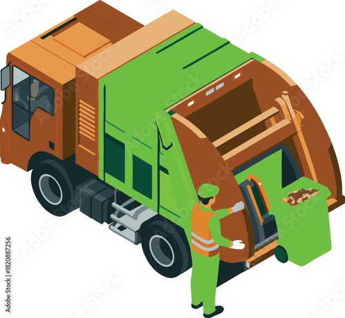Isometric garbage truck with sanitation worker loading waste bin, modern waste management vehicle illustration for recycling, cleanliness, urban cleaning services scene