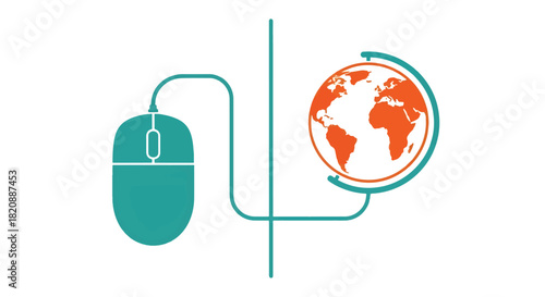 Teal computer mouse connected to an orange and teal globe, symbolizing global internet access, digital connection, worldwide communication, and online reach on a white background.