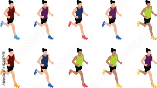 Isometric running athlete illustration set, diverse runners in motion, sports training, fitness activity, marathon runners, colorful active people vector