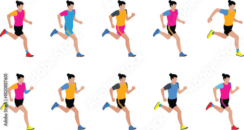 Isometric running athlete illustration set, diverse runners in motion, sports training, fitness activity, marathon runners, colorful active people vector