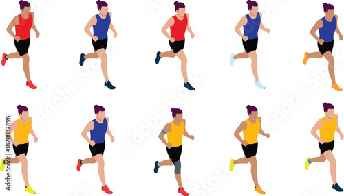 Isometric running athlete sequence illustration, dynamic jogging poses, colorful sports outfit runners, fitness training motion set, marathon exercise vector design