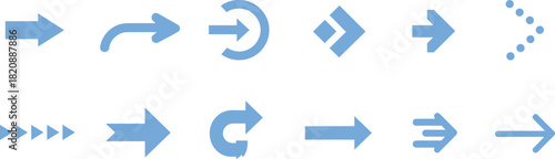 Light blue arrow icon vector set, modern navigation and direction symbols, forward movement signs, reload rotation graphics for apps, web and UI design