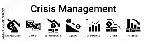 Crisis Management banner web icon vector illustration concept for business with icon of Financial Crisis, Conflict, Economic Crisis, Liquidity, Bear Market, Deficit.