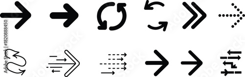 Minimal arrow icon vector set, modern direction and navigation symbols, forward movement signs, refresh rotation graphics for apps, web and UI design