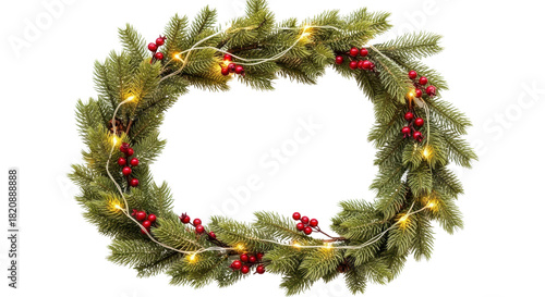 Isolated Christmas Wreath with Red Berries and Illuminated String Lights isolated PNG with Transparent Background