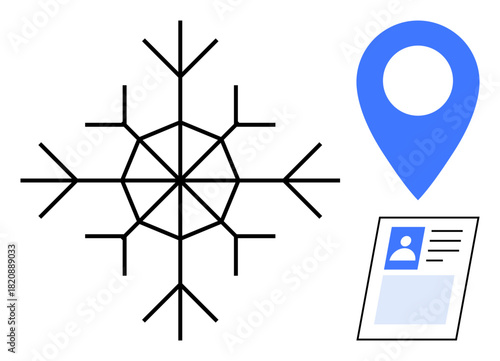 Winter travel. Snowflake, location pin, and identity card winter travel and navigation. Symbols for identification, tourism, and seasonal experiences. Great for travel apps, ID verification tourism