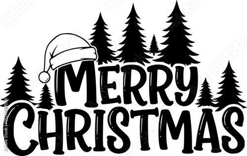 Merry christmas text with trees and santa hat
