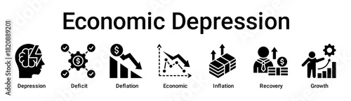 Economic Depression banner web icon vector illustration concept for business with icon of Depression, Deficit, Deflation, Economic, Inflation, Recovery.