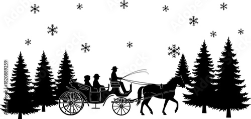 Festive merry christmas silhouette design featuring evergreen trees and a horse drawn carriage illustration
