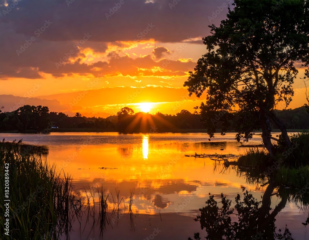 Obraz premium A glowing sunset over a calm lake reflects radiant orange light and the silhouette of trees against a colorful sky