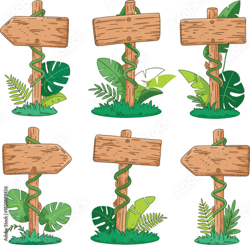 Set of six wooden jungle directional signboards with vines, tropical leaves, natural forest elements, cartoon style decorative rustic wooden signs, isolated