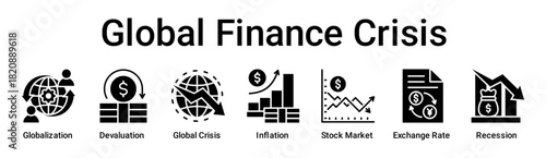 Global Finance Crisis banner web icon vector illustration concept for business with icon of Globalization, Devaluation, Global Crisis, Inflation, Stock Market, Exchange Rate.