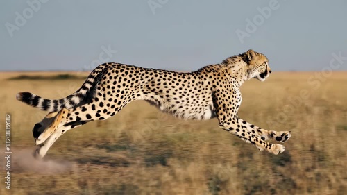 A majestic cheetah in mid-air, captured running at high speed across the dry African savanna.