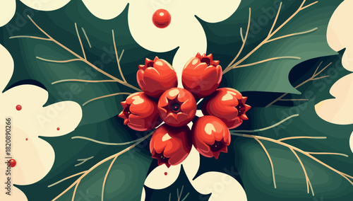 Holly berries leaves christmas bright berries and sharp green leaves in holiday style