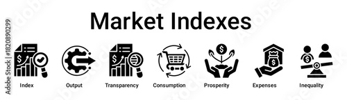 Market Indexes banner web icon vector illustration concept for business with icon of Index, Output, Transparency, Consumption, Prosperity, Expenses.