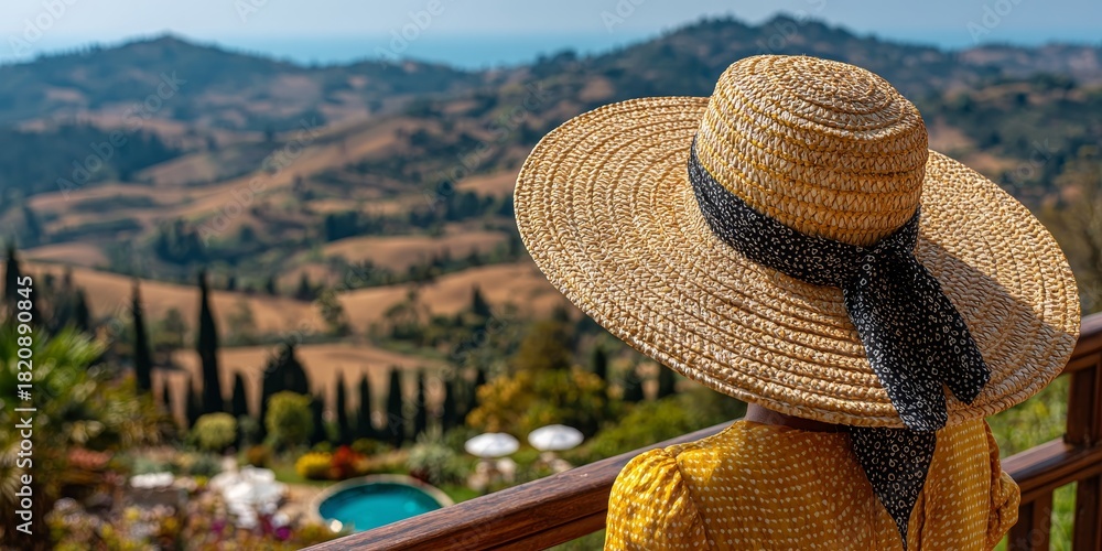 Obraz premium Elegant woman enjoying stunning mountain view from chic balcony, embodying luxury and serenity.