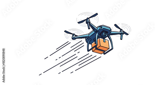 Modern drone delivering a package, symbolizing fast and efficient logistics, e-commerce, and advanced technology in shipping. Isolated on white.