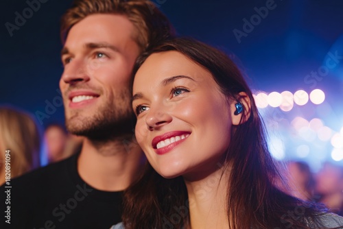 Couple at a lively rock concert, smiling and wearing stylish earplugs for hearing protection