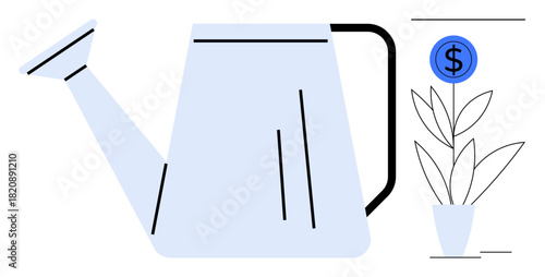 A watering can targeting a potted plant with a dollar sign atop, symbolizing financial growth, investment, nurturing success. Ideal for finance, investment, productivity, strategy, growth