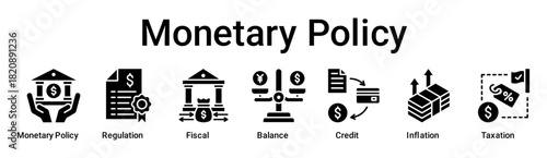 Monetary Policy banner web icon vector illustration concept for business with icon of Monetary policy, Regulation, Fiscal, Balance, Credit, Inflation.